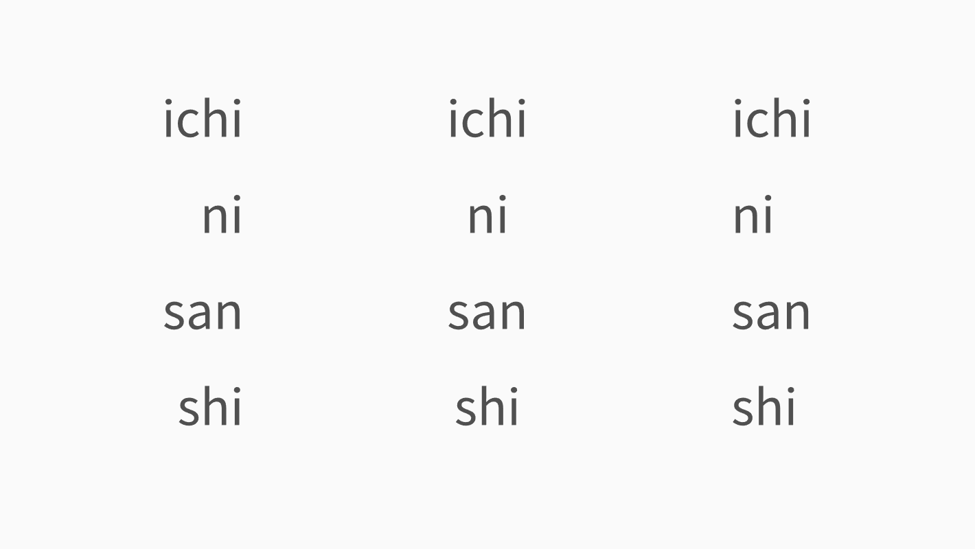 Three columns of the words “ichi,” “ni,” “san,” and “shi” on a white background. The first column is right aligned, the middle column is center aligned, and the left column is left aligned.