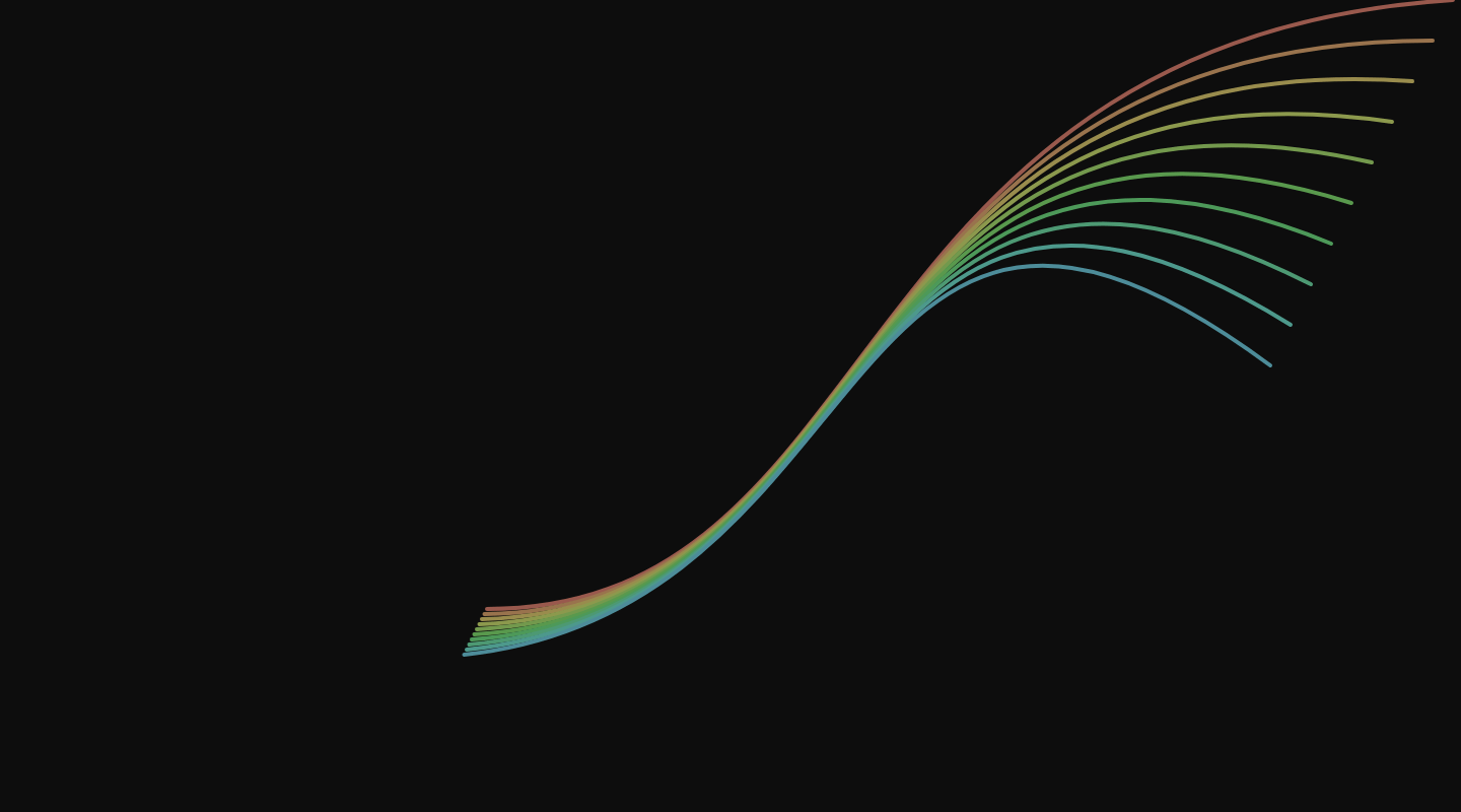 Ten rainbow-colored lines in a bezier curve formation.