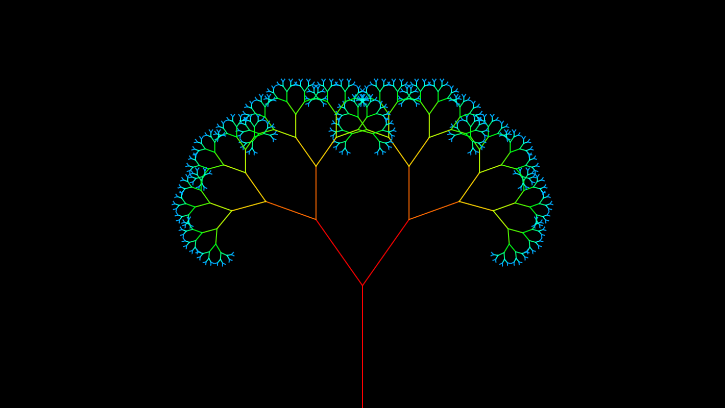 A rainbow fractal tree on a black background.