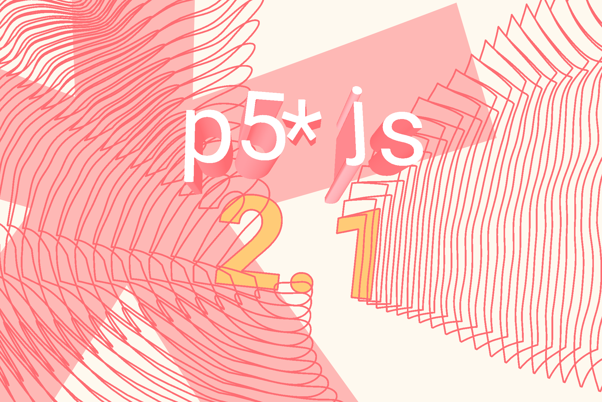 An abstract image showing "p5.js 2.1" surrounded by typographically-inspired shapes