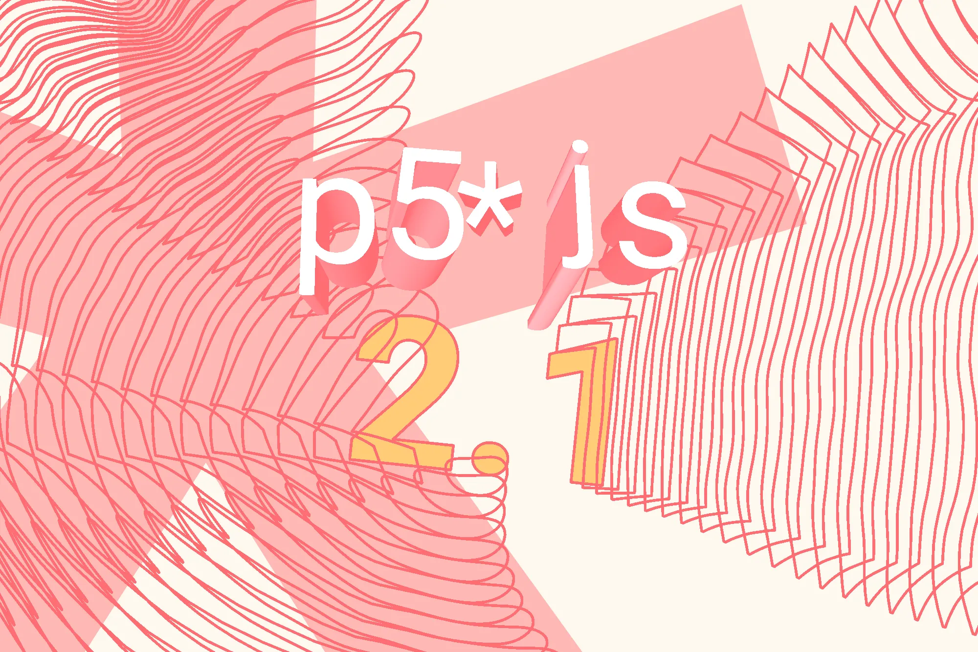 An abstract image showing "p5.js 2.1" surrounded by typographically-inspired shapes