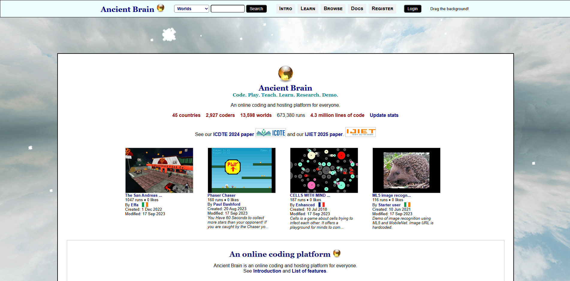 A screenshot of Ancient Brain's homepage”