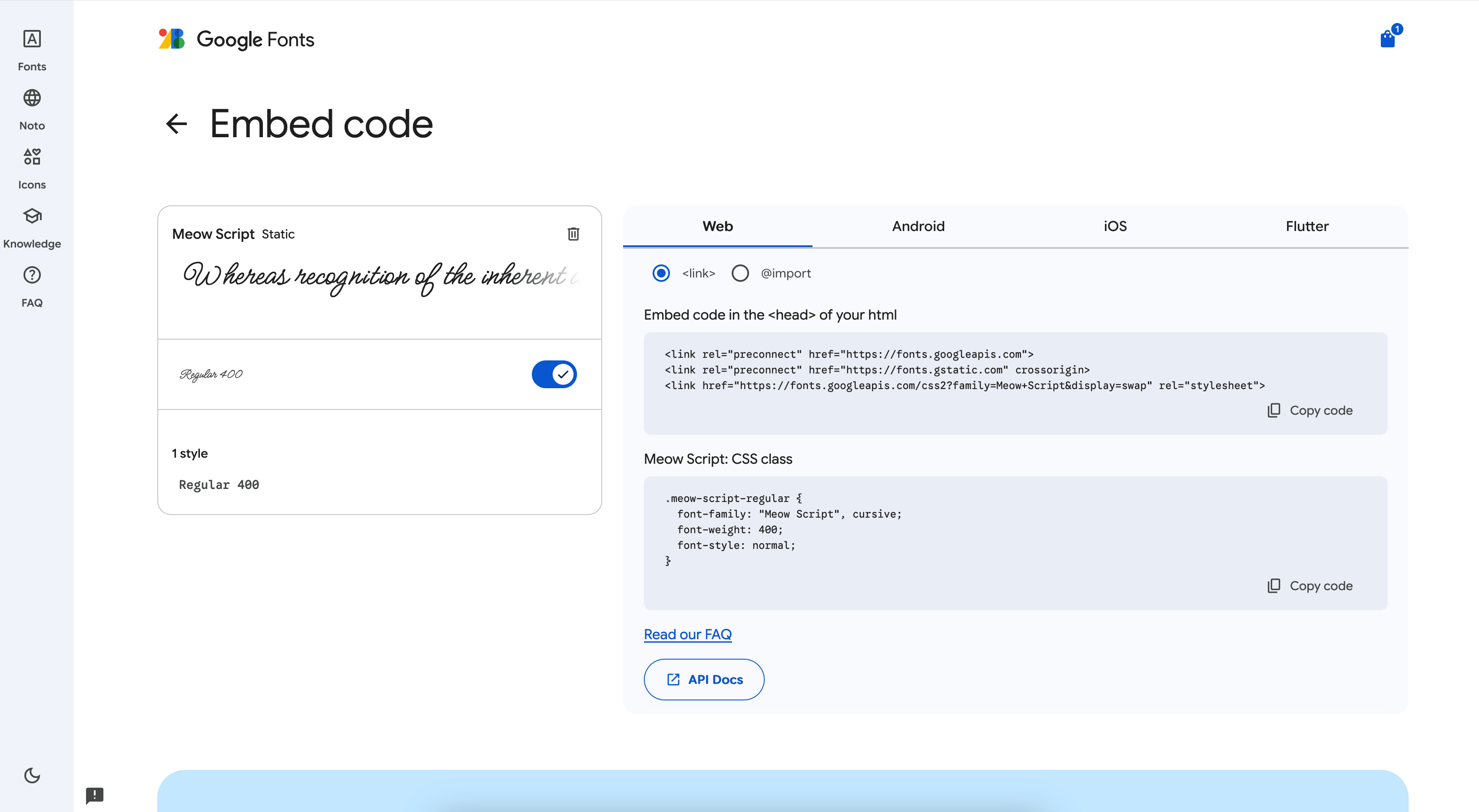 A screenshot of Google Fonts when grabbing the embed code for a font