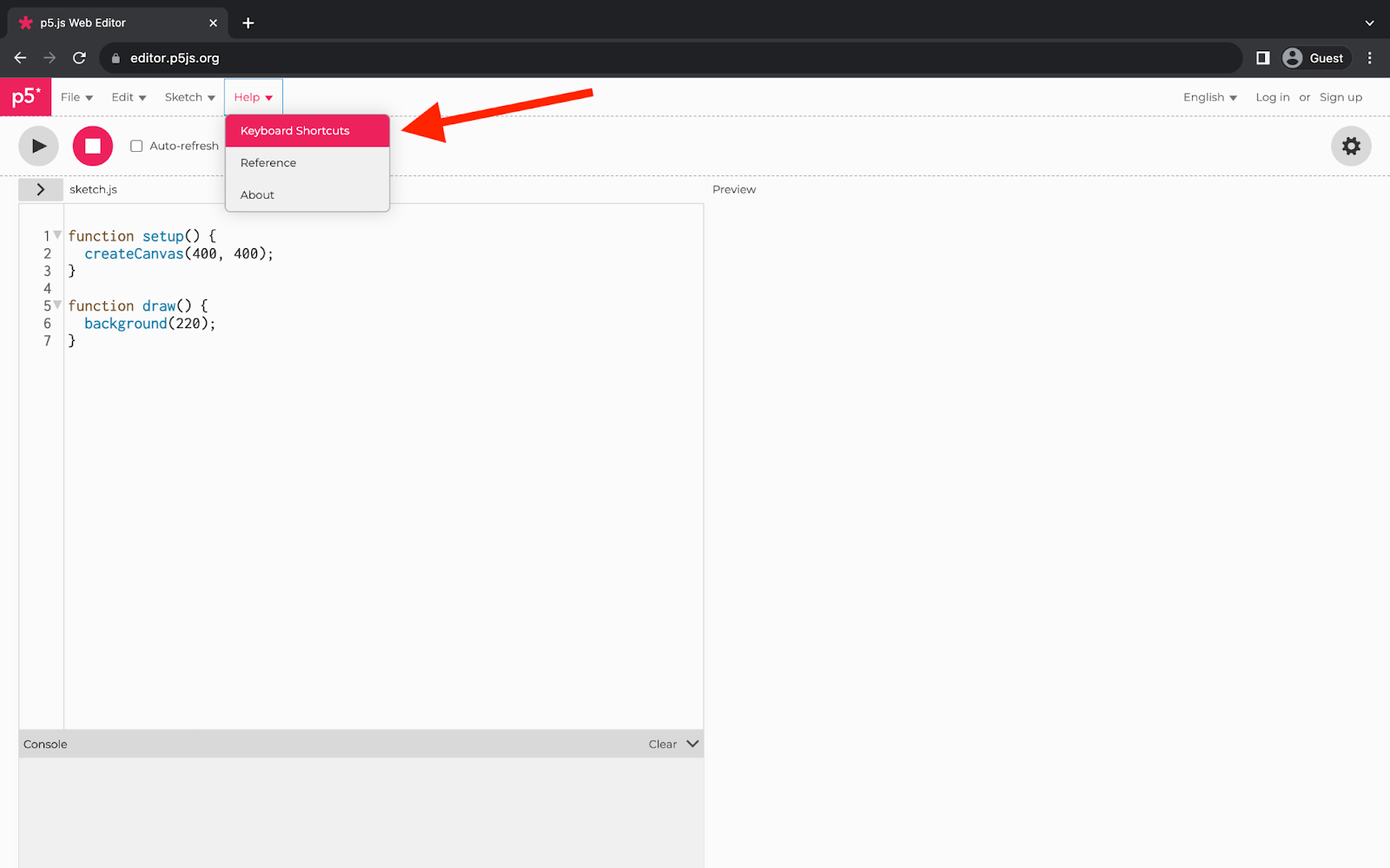 A web browser displaying the p5.js Web Editor. The ‘Help’ dropdown menu is open and its ‘Keyboard Shortcuts’ menu item is selected. A red arrow points to ‘Keyboard Shortcuts.’