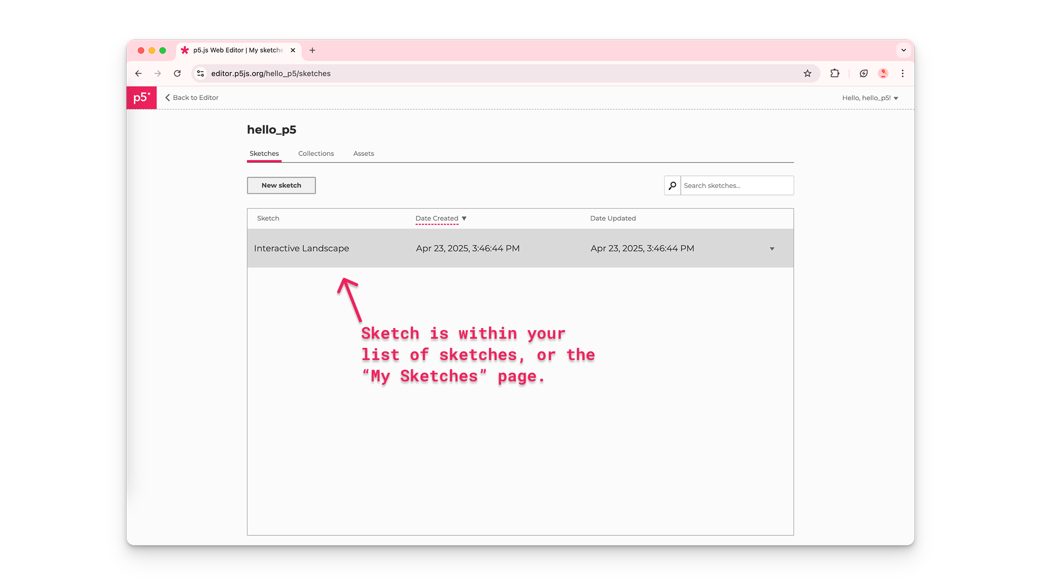 A user on the p5.js Web Editor finds their project "Interactive Landscape" in their gallery of saved sketches.