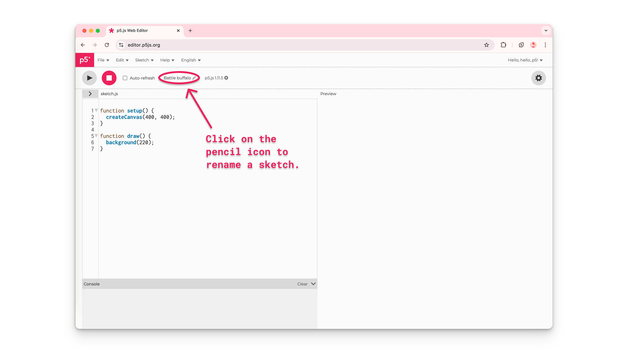 An arrow points to a pencil icon to rename a sketch.