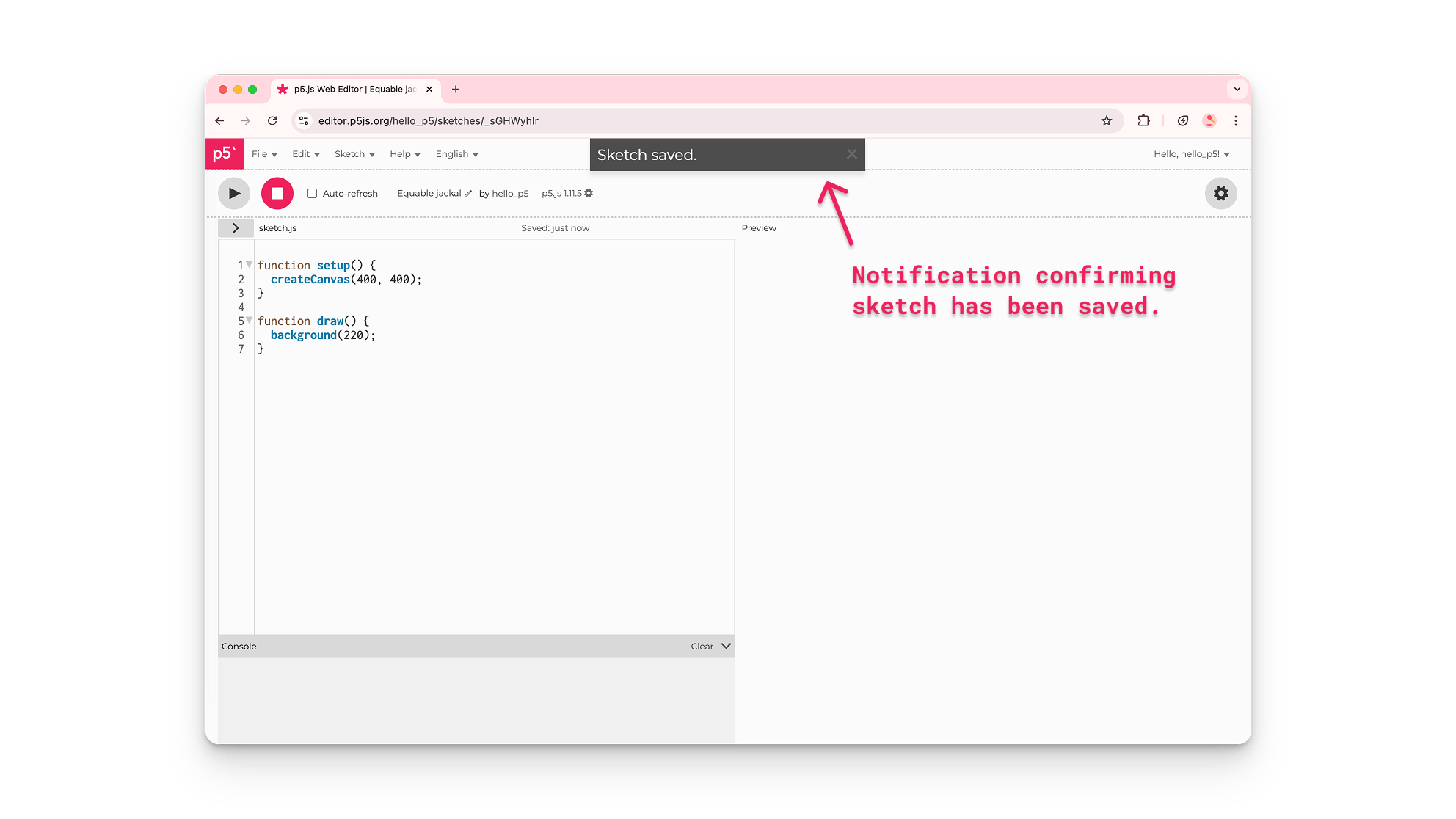 An arrow pointing to a notification box with the text “Sketch saved.”