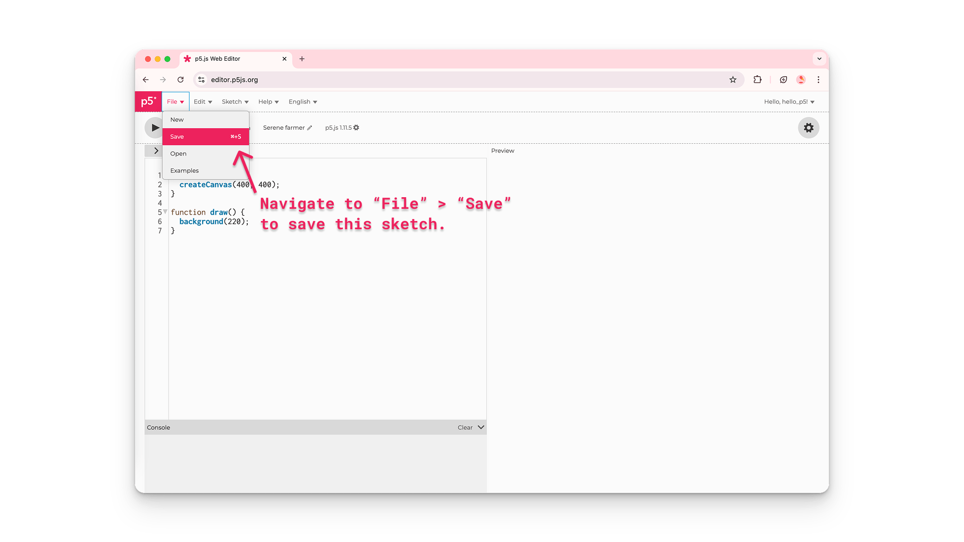 A user on the p5.js Web Editor names a new project and saves it.”