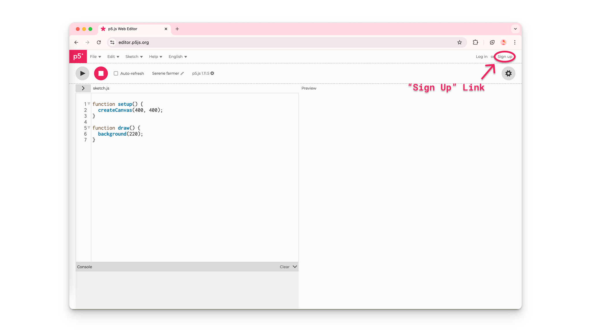 An arrow pointing to the “Sign Up” link in the top right corner of the p5.js Editor.