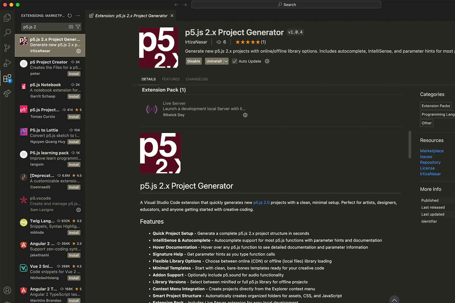 Screenshot of p5.js 2.x Project Generator VSCode extension interface showing project creation options