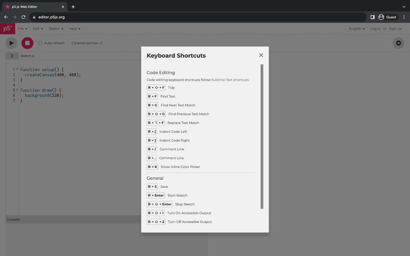 A web browser displaying the p5.js Web Editor. A rectangular menu in the middle of the page displays available keyboard shortcuts. The menu is separated into an upper section for ‘Code Editing’ and a lower section for ‘General.’