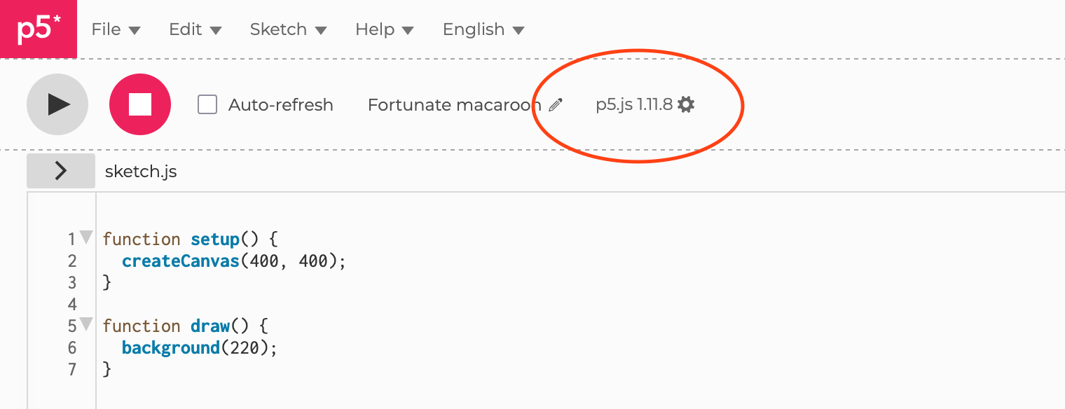 A screenshot of a new p5.js Web Editor project, with the version picker circled.