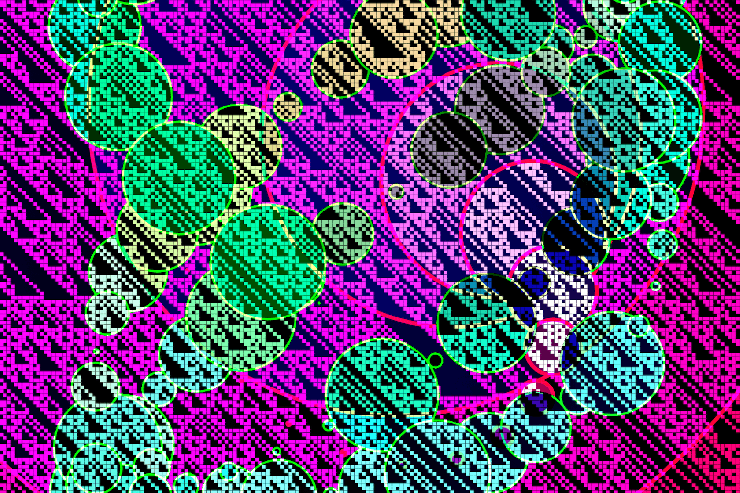 A colorful image of circles and squares generated with procedural functions like a cellular automaton, fibonacci sequence and drunk randomness from this library.